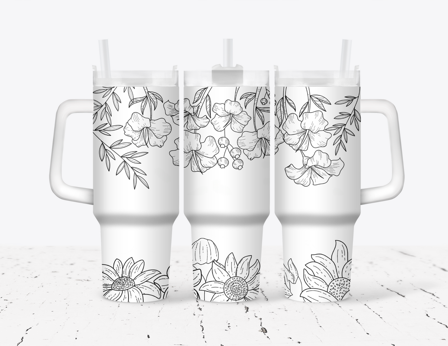 Black & White Floral 40oz Tumbler with Handle