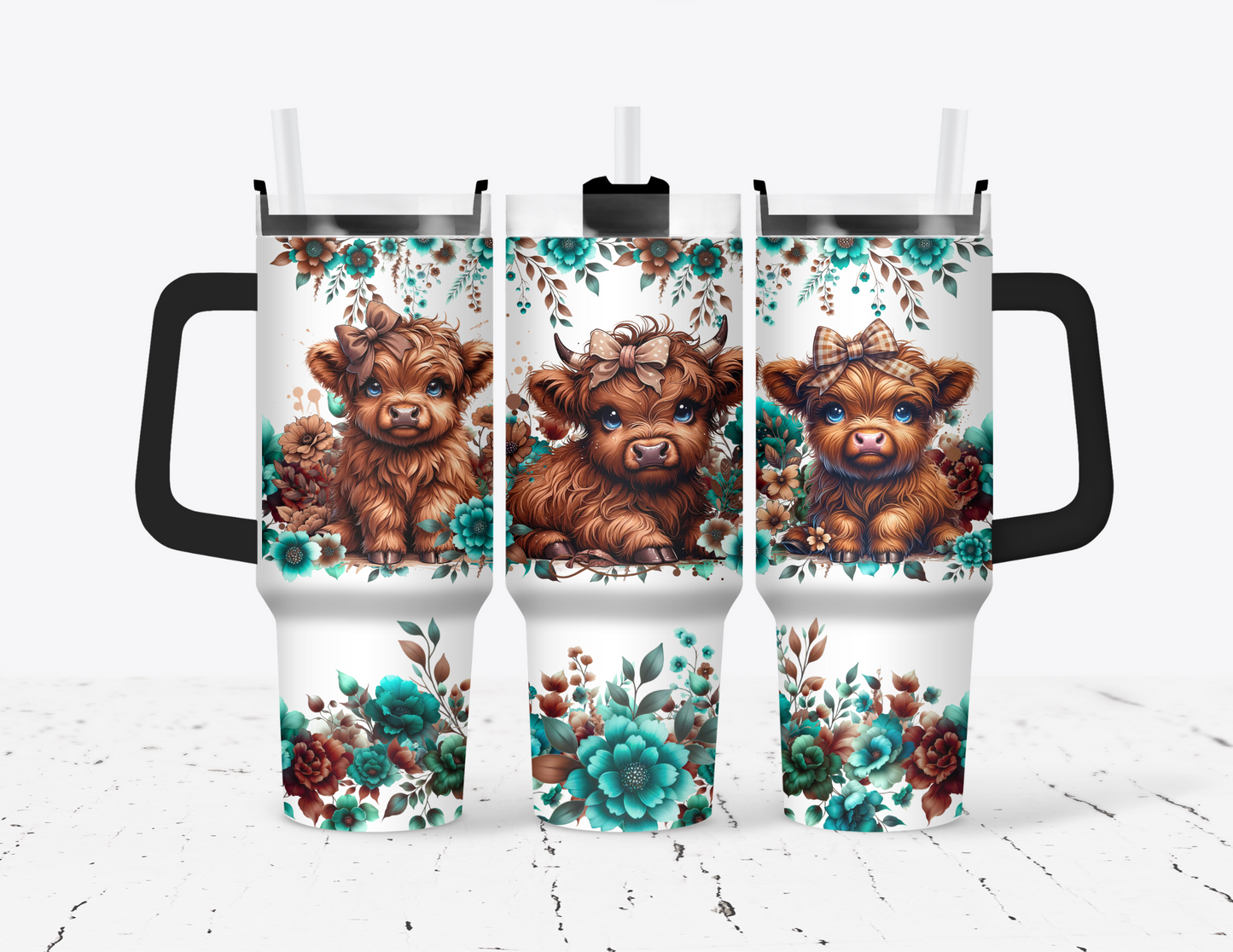 Floral Highland Cows 40 oz Tumbler with handle