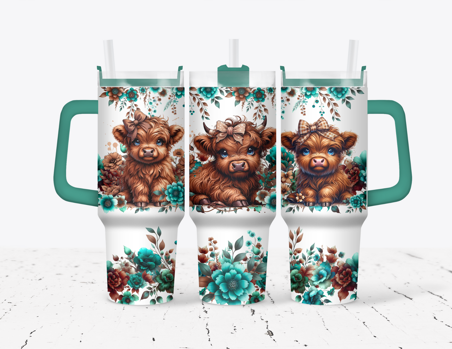 Floral Highland Cows 40 oz Tumbler with handle