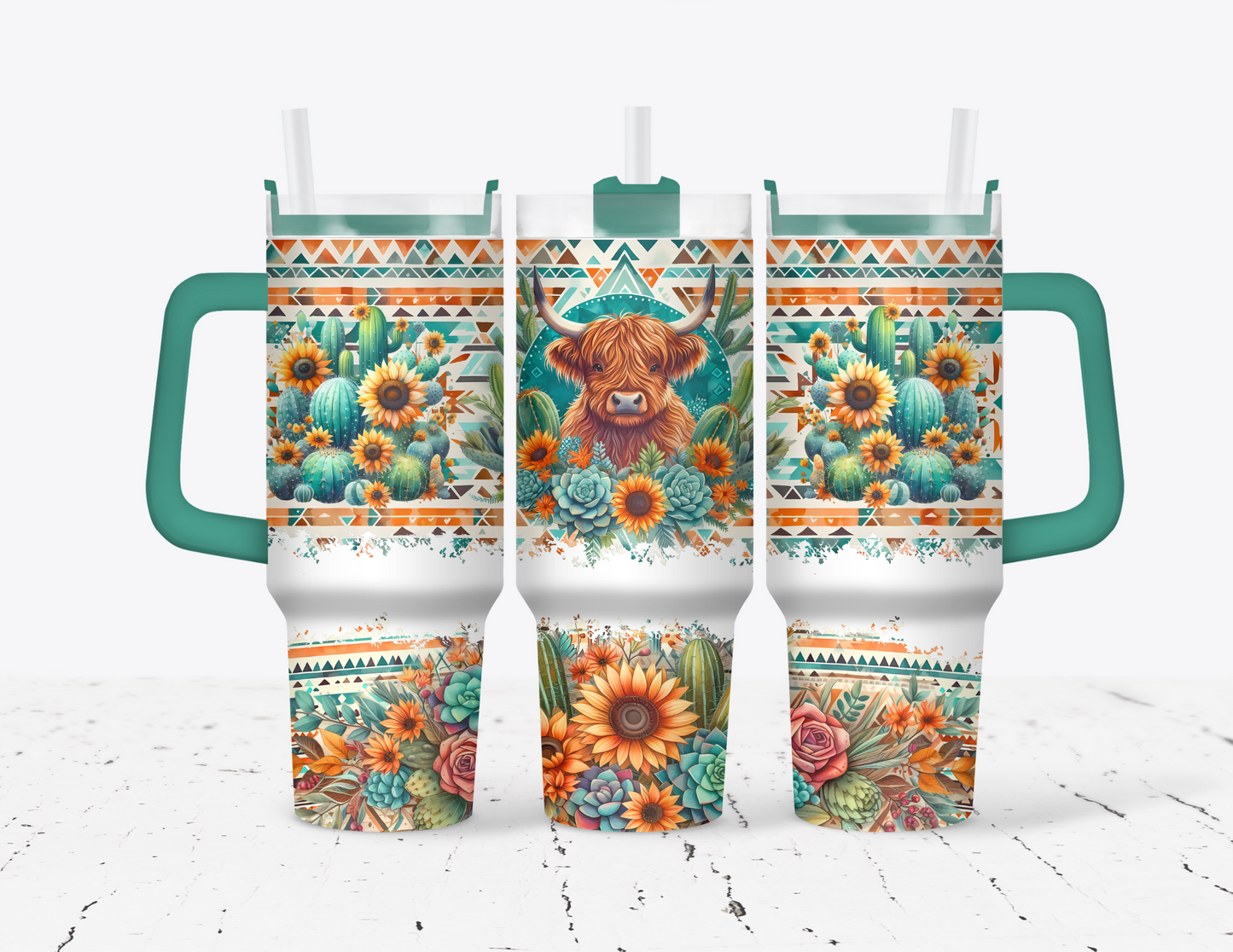 Sunflowers Boho Aztec Highland Cow 40 oz Tumbler with handle