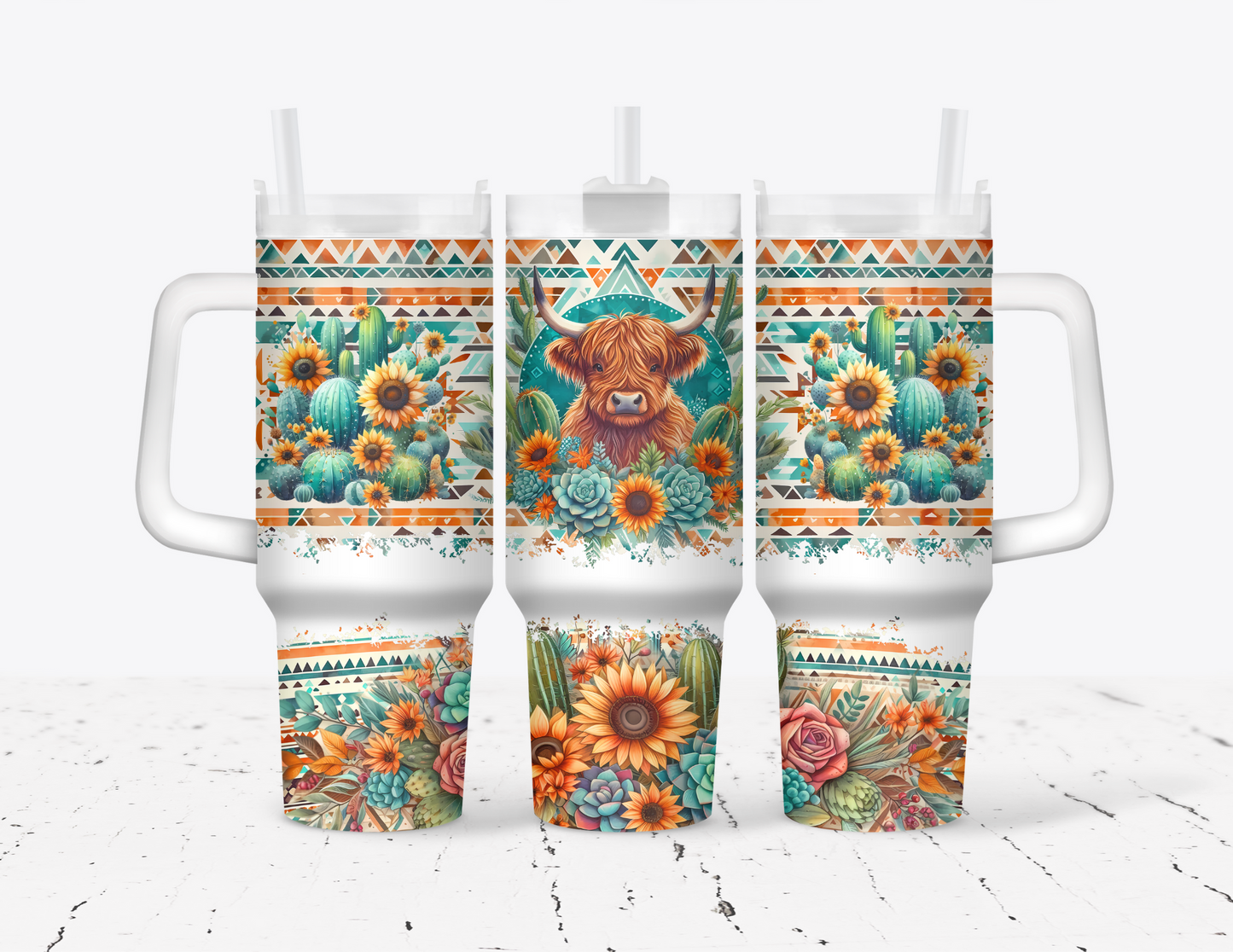 Sunflowers Boho Aztec Highland Cow 40 oz Tumbler with handle