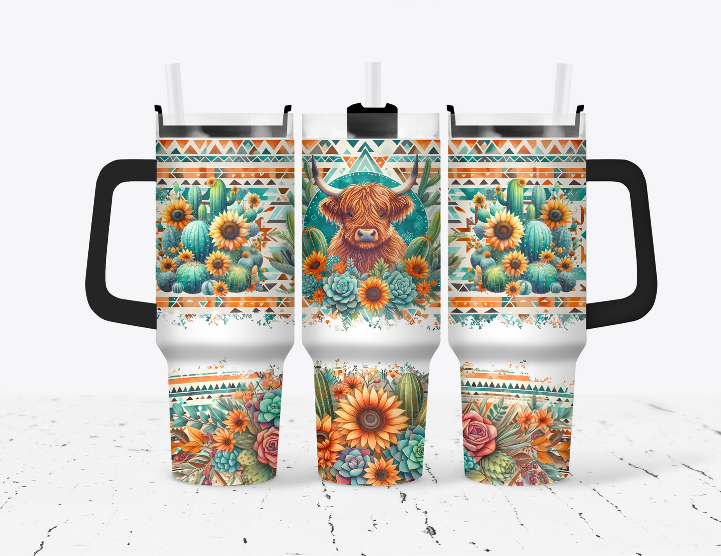 Sunflowers Boho Aztec Highland Cow 40 oz Tumbler with handle