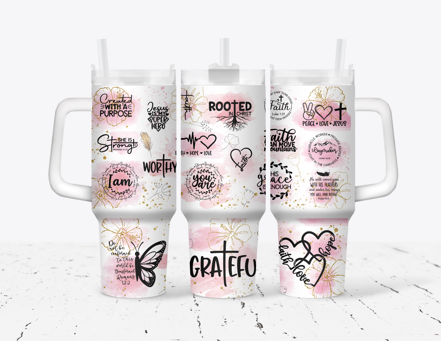 Grateful, Worthy, Faith 40 oz Tumbler with handle