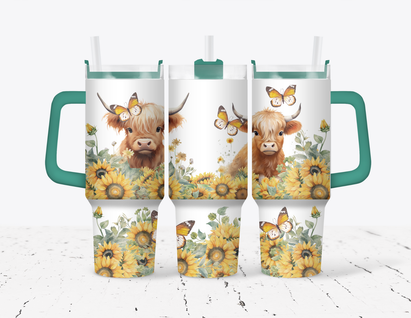 Sunflower Highland Cow 40 oz Tumbler with handle