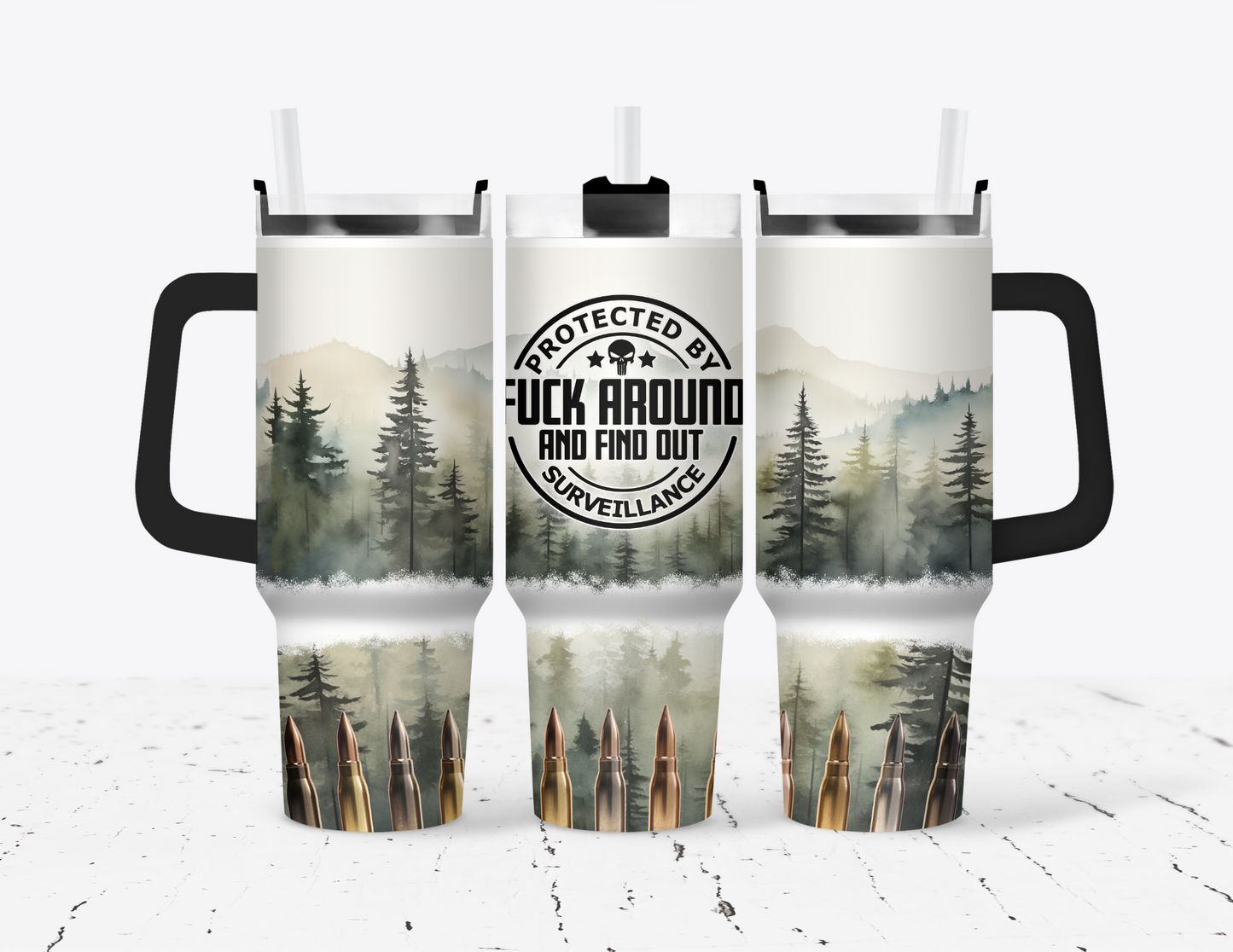 Protected By F*** around and Find out survelliance 40 oz Tumbler with handle