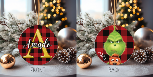 Red Plaid Grinch Christmas Ornament