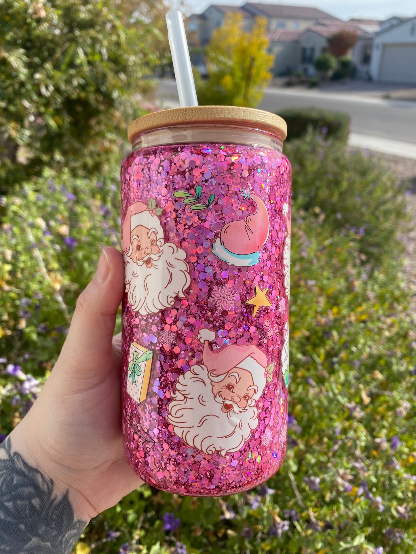 Pink Christmas Glitter Snow Globe tumbler