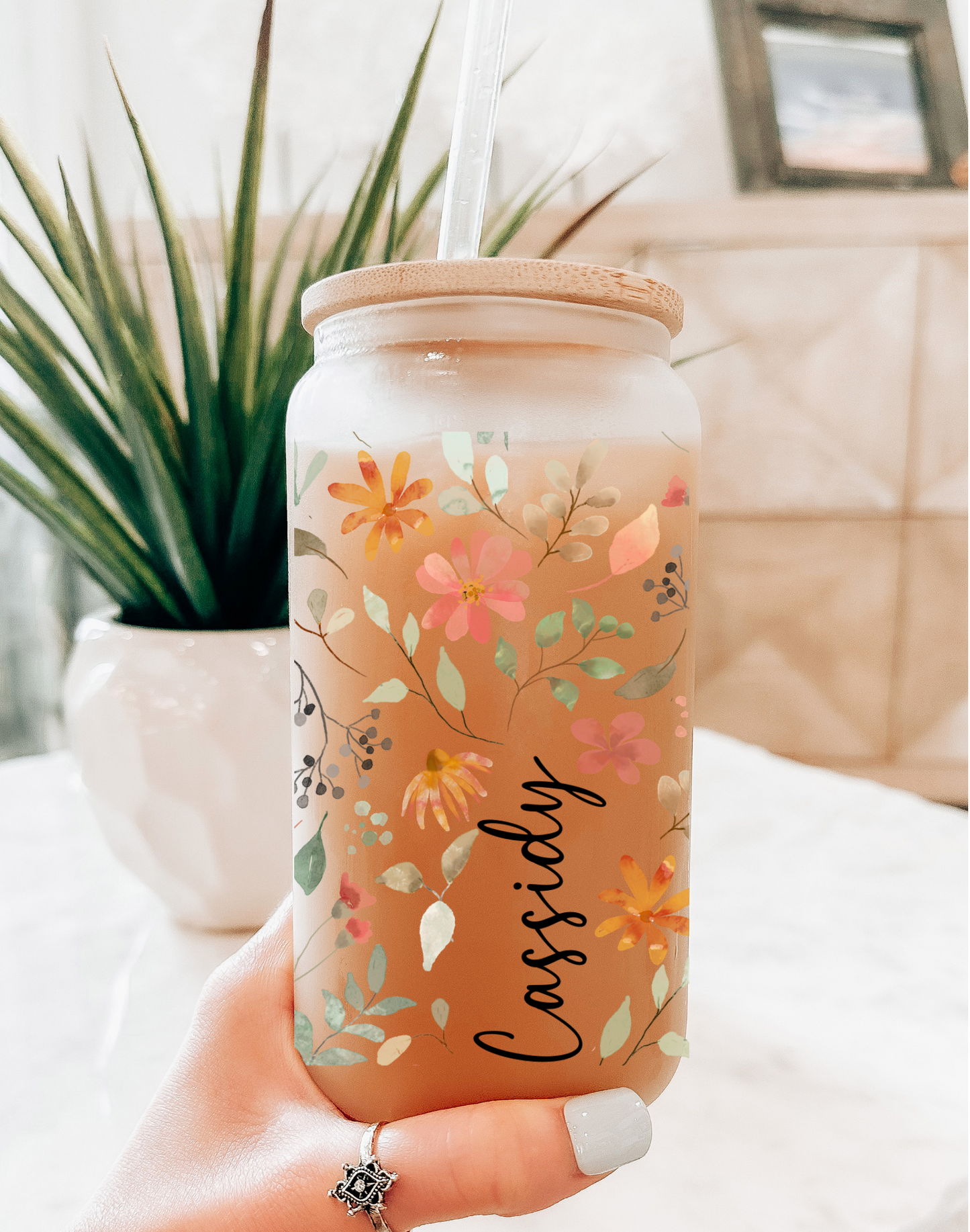 Personalized Dainty Floral Glass Libbey Cup Frosted