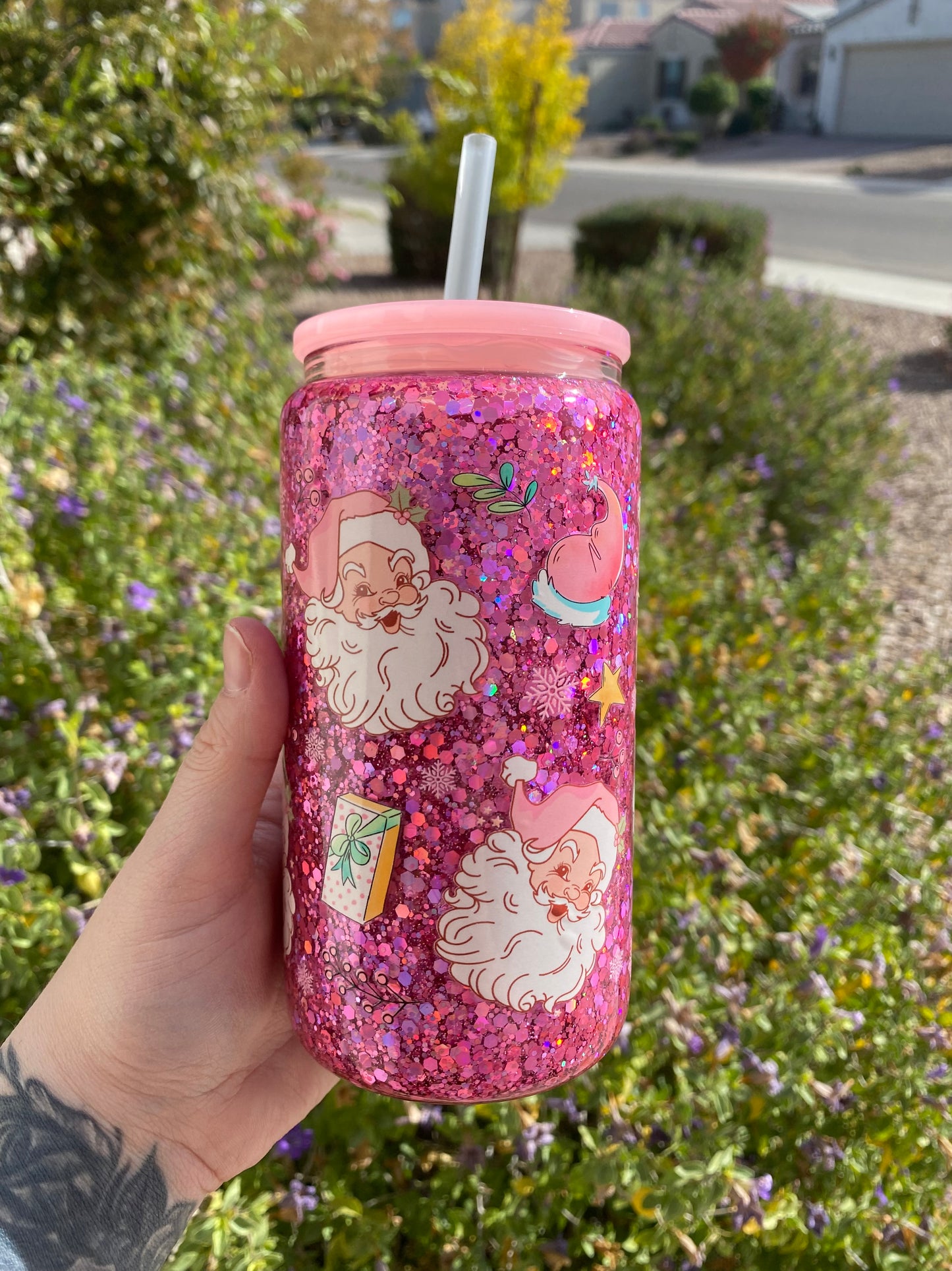 Pink Christmas Glitter Snow Globe tumbler