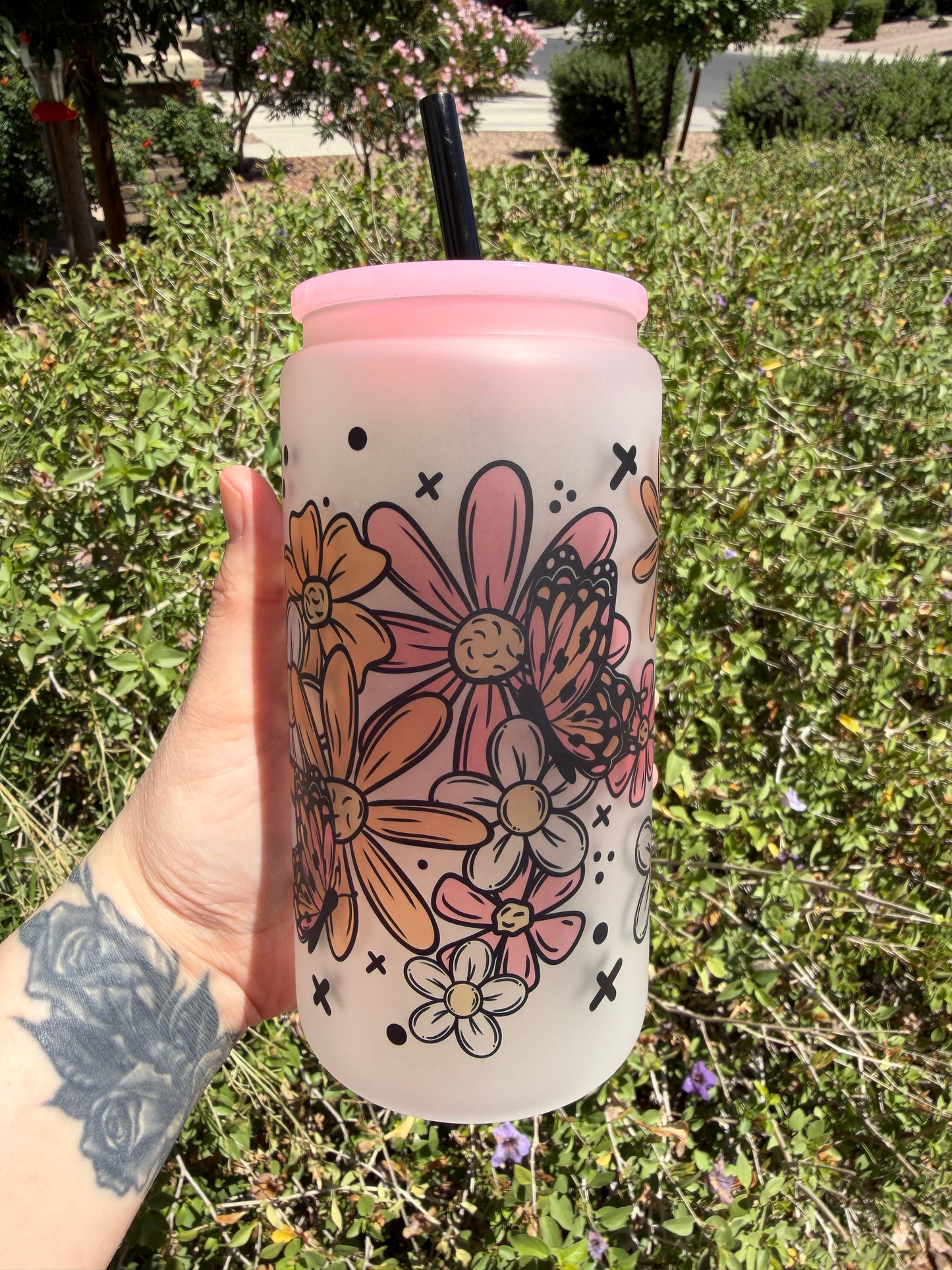 Spring Florals Butterfly Frosted Glass Cup