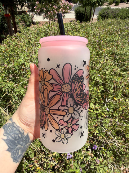 Spring Florals Butterfly Frosted Glass Cup