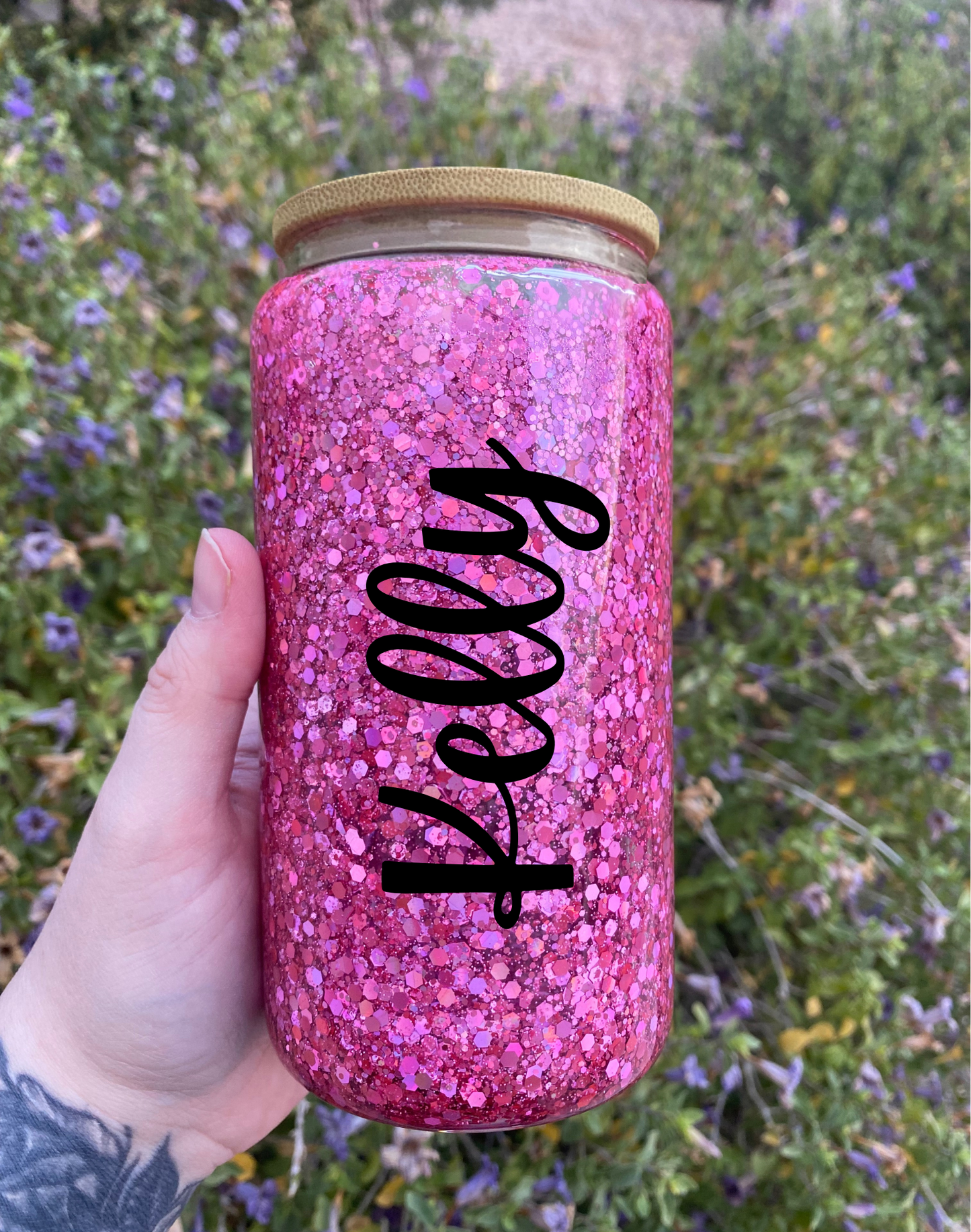 Pink Glitter Snow Globe Tumbler - Can be personalized with name