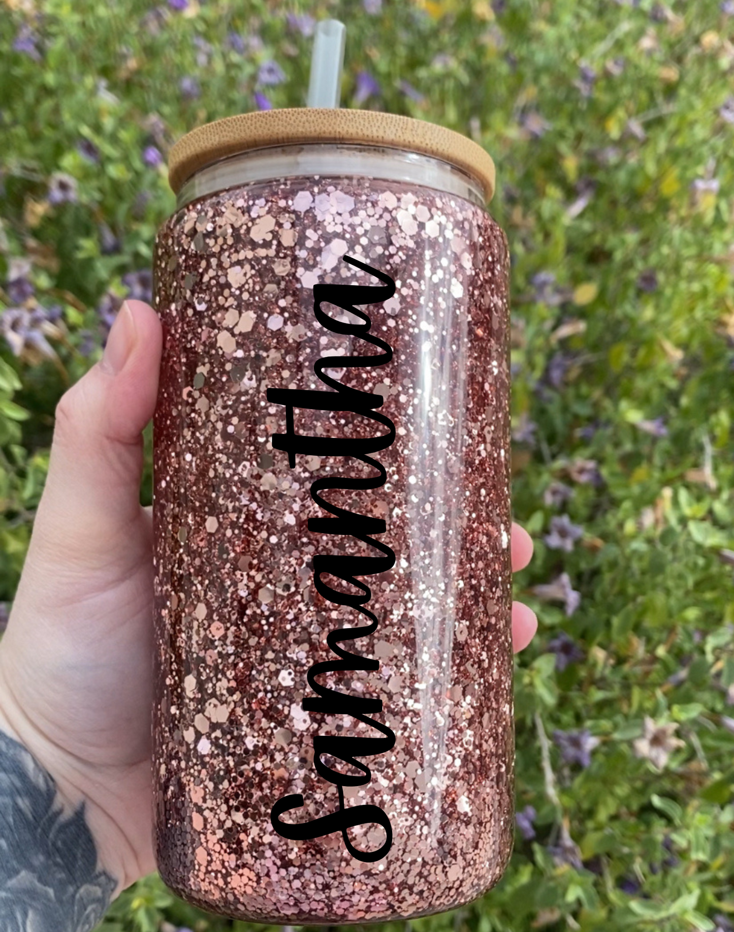 Rose Gold Glitter Snow Globe tumbler - Can be personalized with name