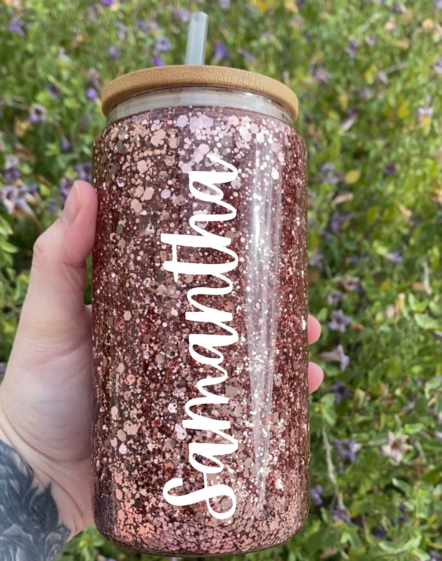 Rose Gold Glitter Snow Globe tumbler - Can be personalized with name