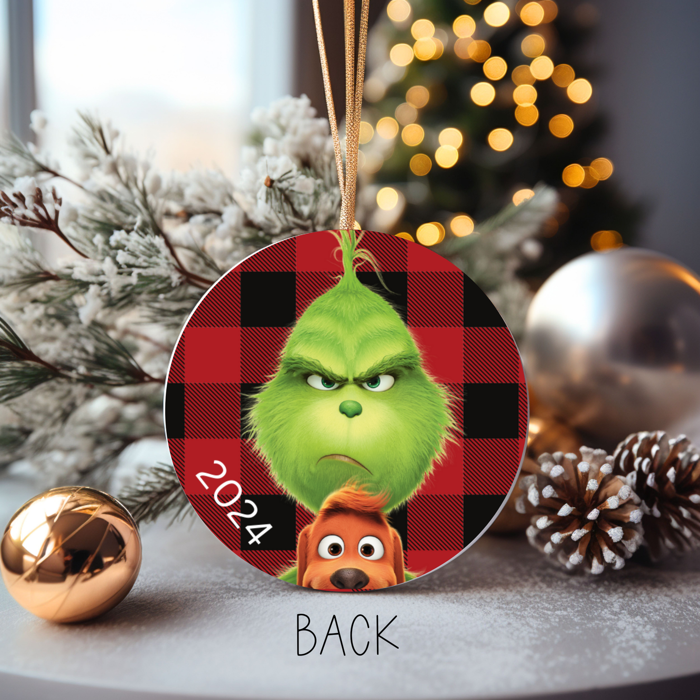 Red Plaid Grinch Christmas Ornament