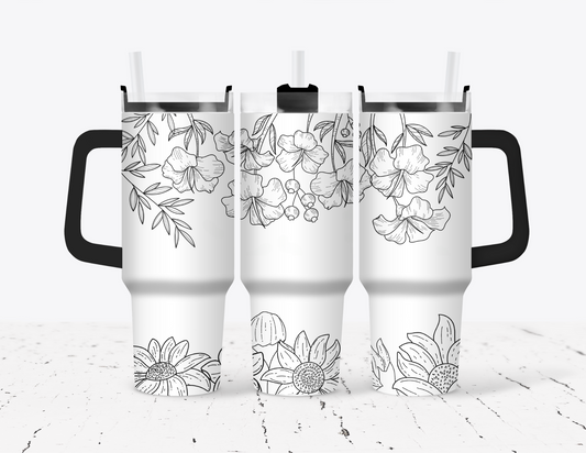 Black & White Floral 40oz Tumbler with Handle