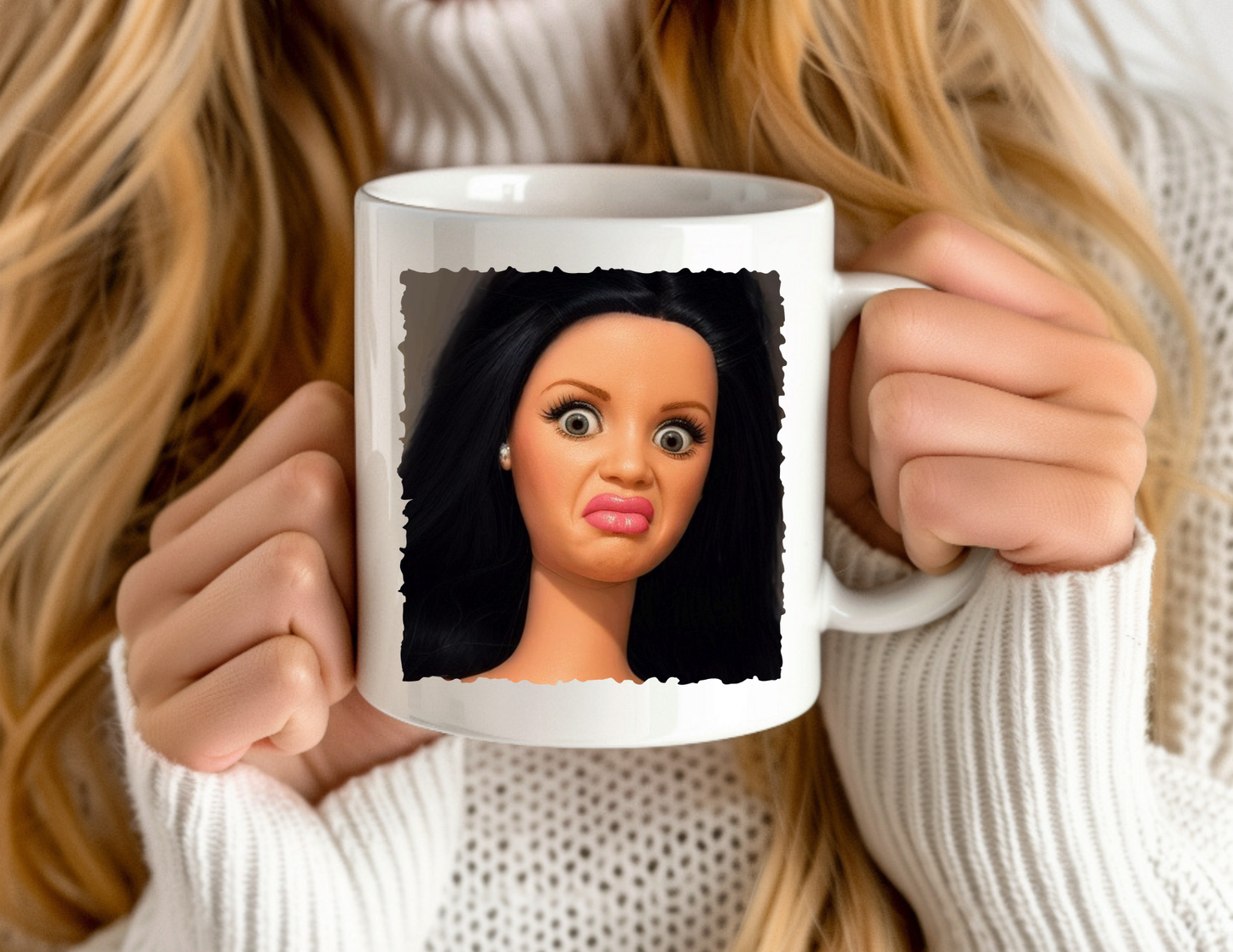 Disgusted Doll Meme "Black Hair" Coffee Mug