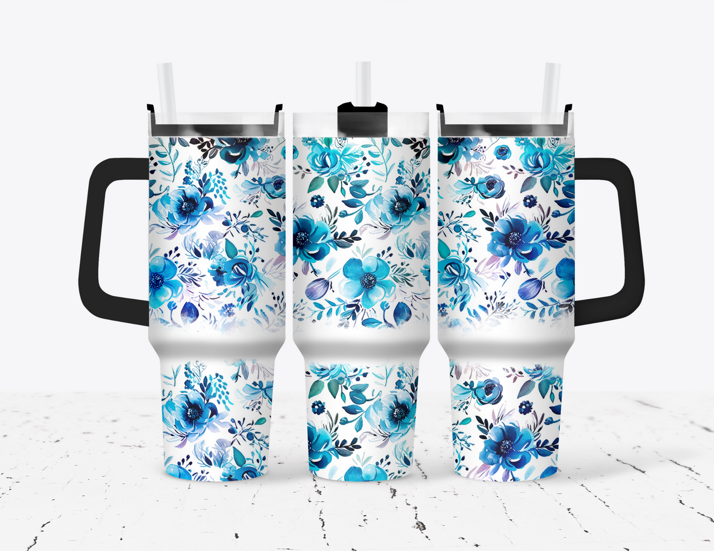 Blue Floral 40oz Tumbler with Handle