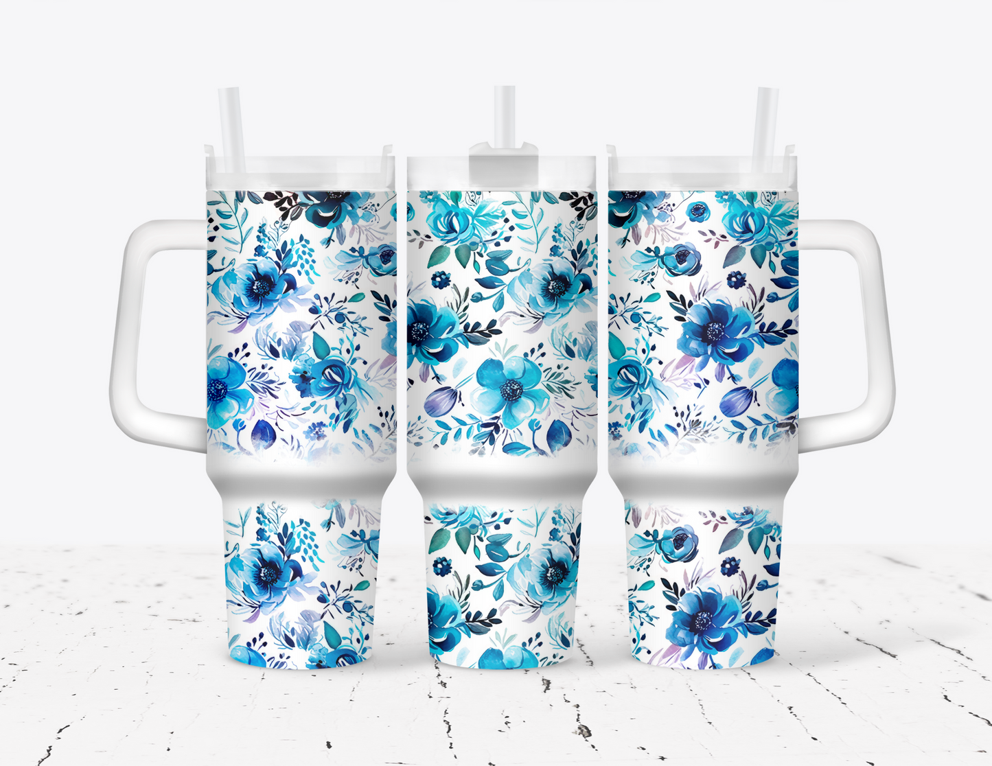 Blue Floral 40oz Tumbler with Handle