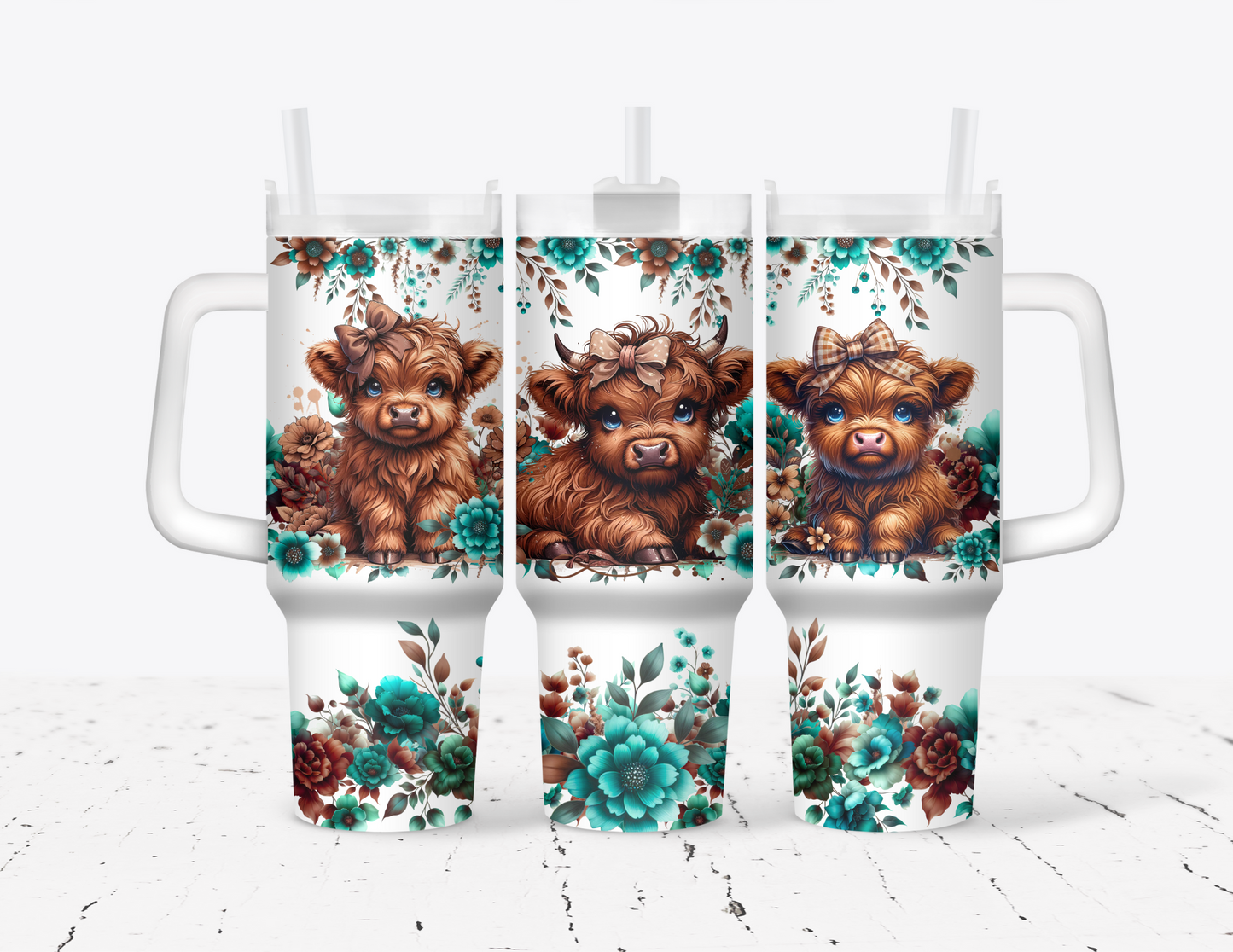 Floral Highland Cows 40 oz Tumbler with handle