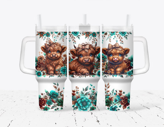 Floral Highland Cows 40 oz Tumbler with handle