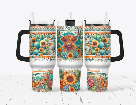 Boho Aztec Highland Cow 40 oz Tumbler with handle