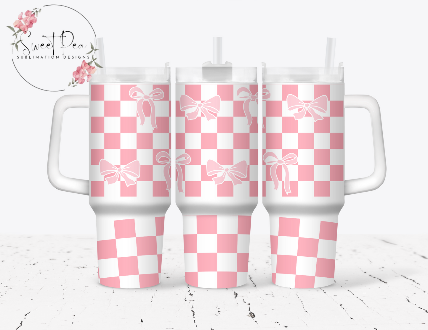 Pink Checkered Bows 40 oz Tumbler with handle