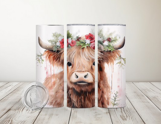 Christmas Floral Highland Cow 20 oz Tumbler