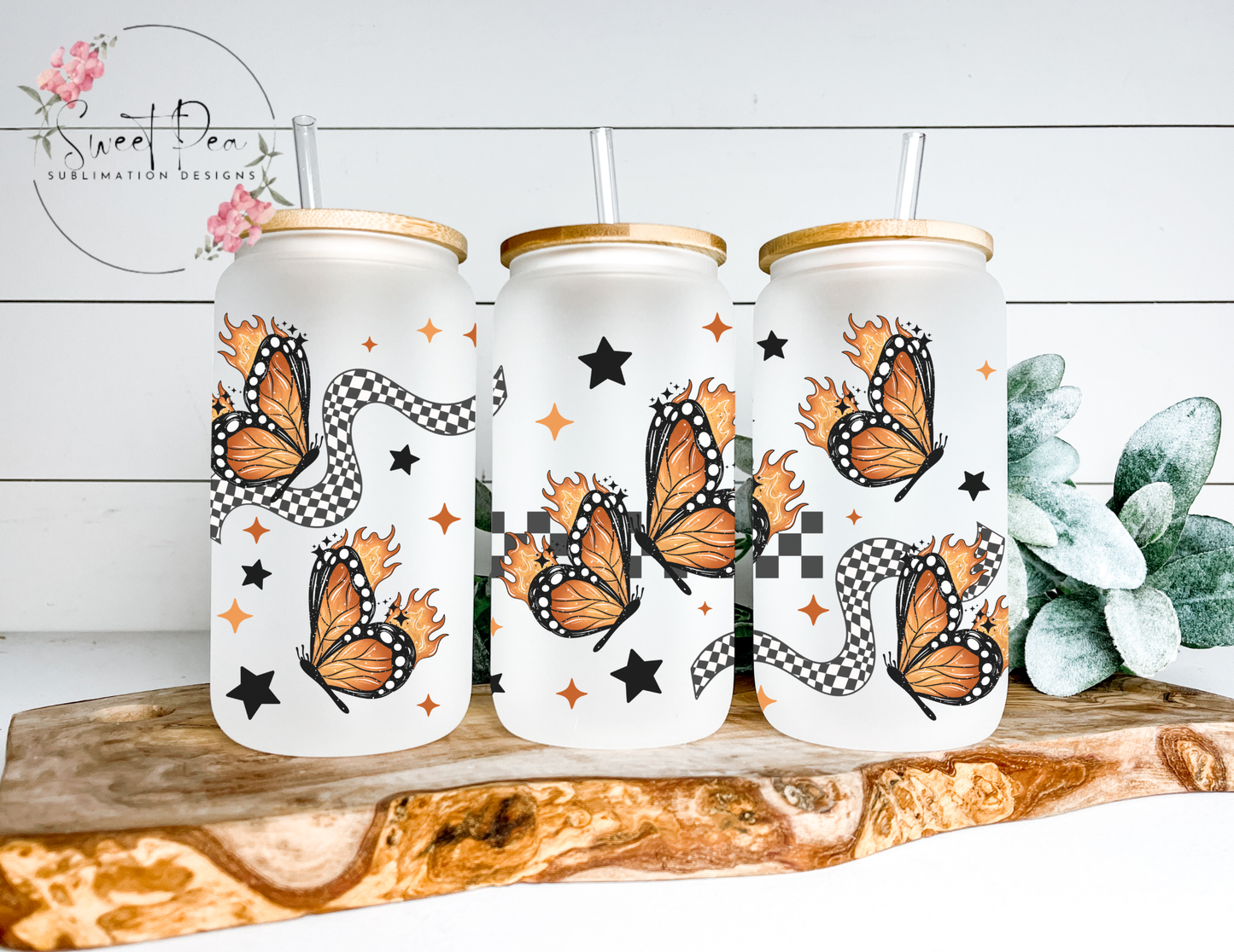 Checkered Flames Butterflies Frosted Glass Cup