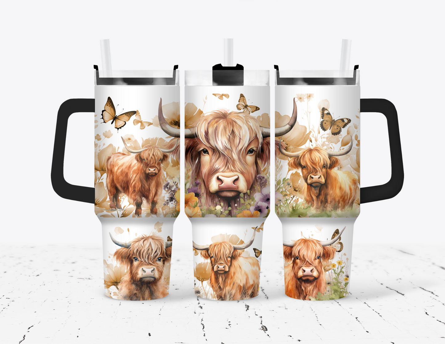 Butterflies & Highland Cow 40 oz Tumbler with handle