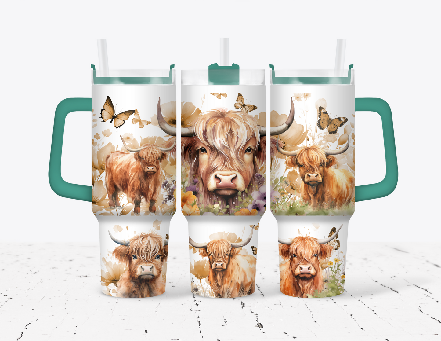 Butterflies & Highland Cow 40 oz Tumbler with handle