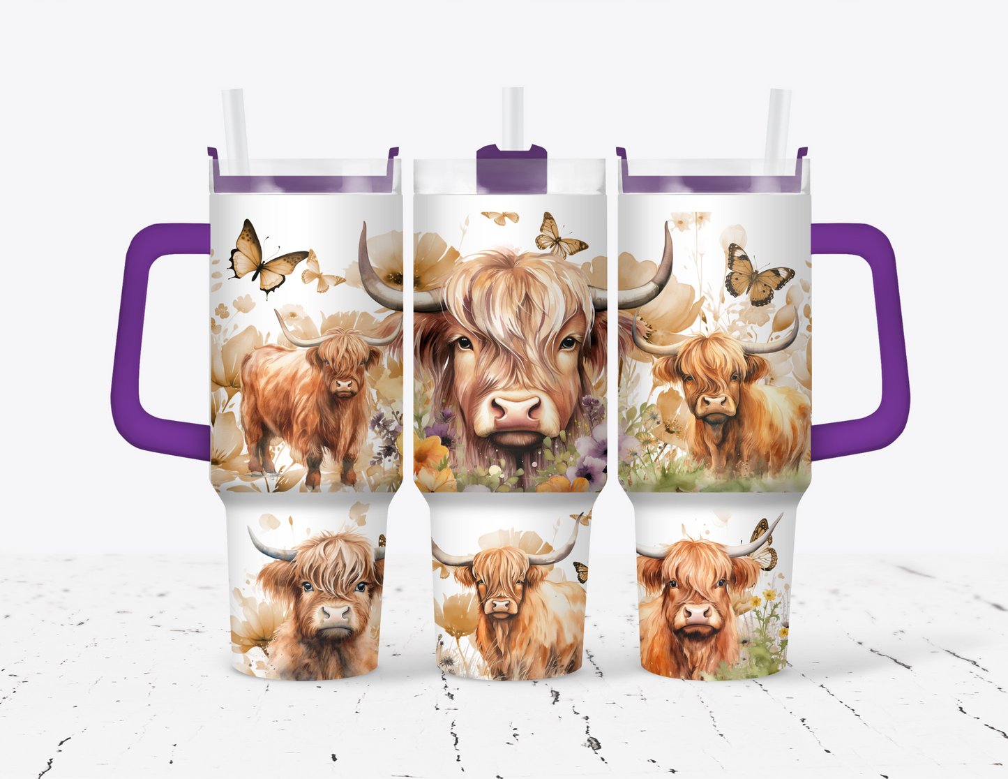 Butterflies & Highland Cow 40 oz Tumbler with handle