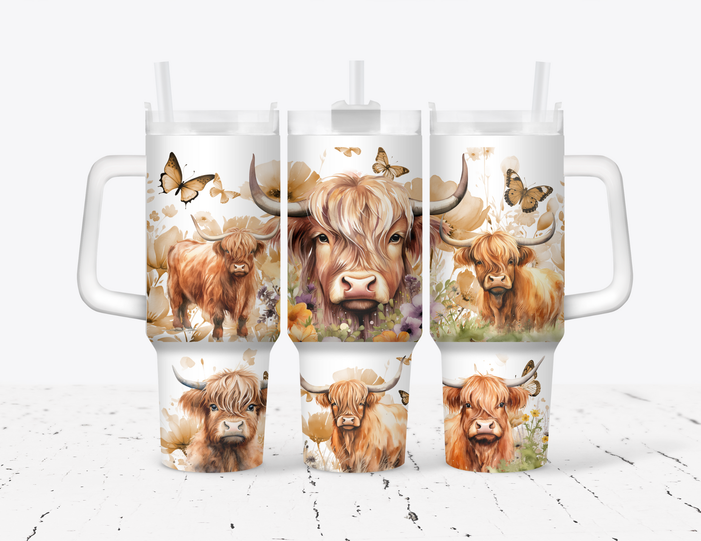 Butterflies & Highland Cow 40 oz Tumbler with handle