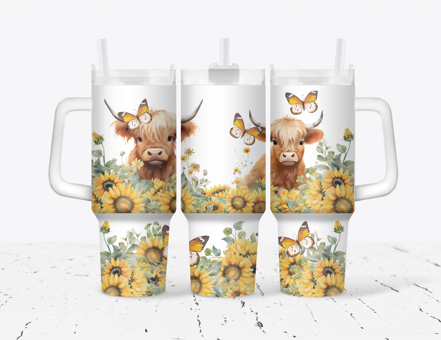 Sunflower Highland Cow 40 oz Tumbler with handle