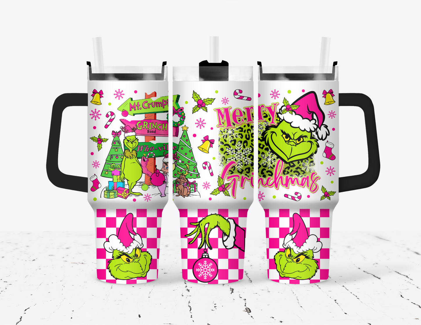 Pink Checkered Merry Grinchmas 40 oz Tumbler with handle