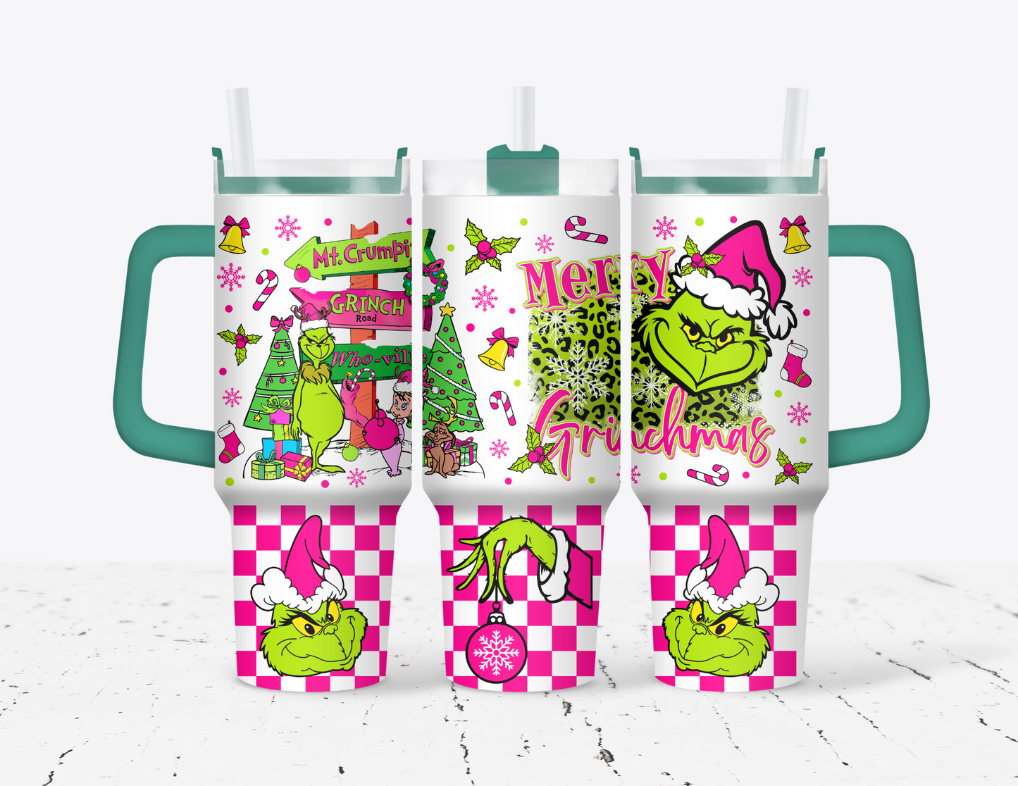Pink Checkered Merry Grinchmas 40 oz Tumbler with handle
