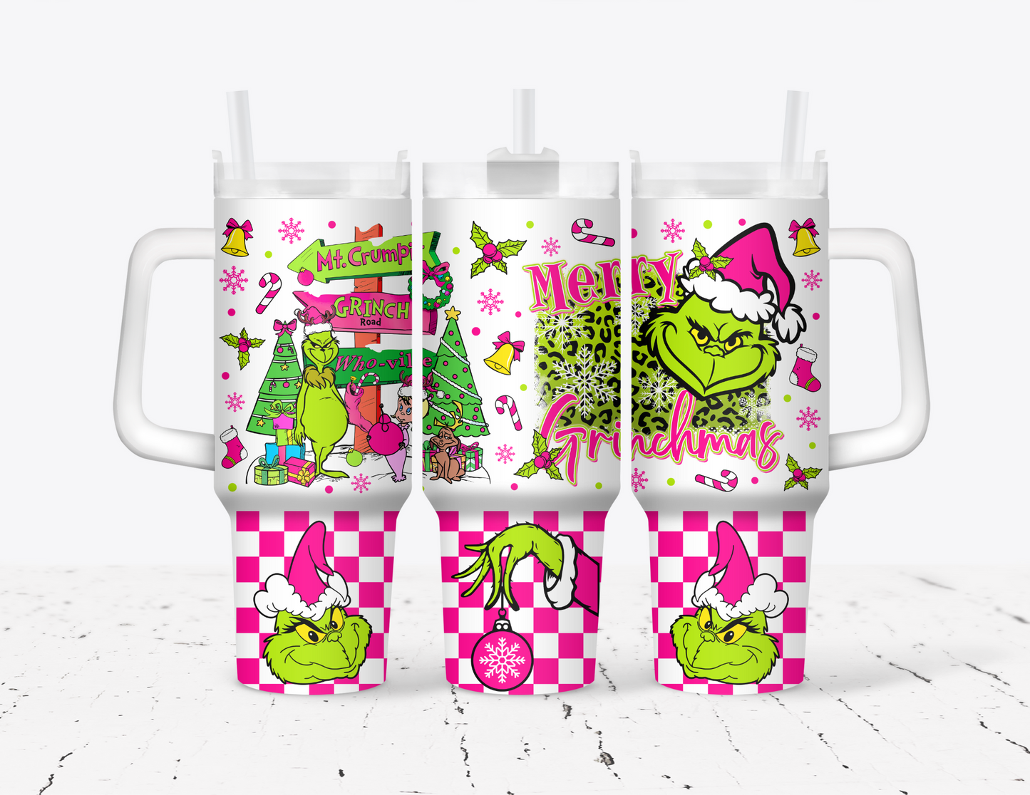 Pink Checkered Merry Grinchmas 40 oz Tumbler with handle