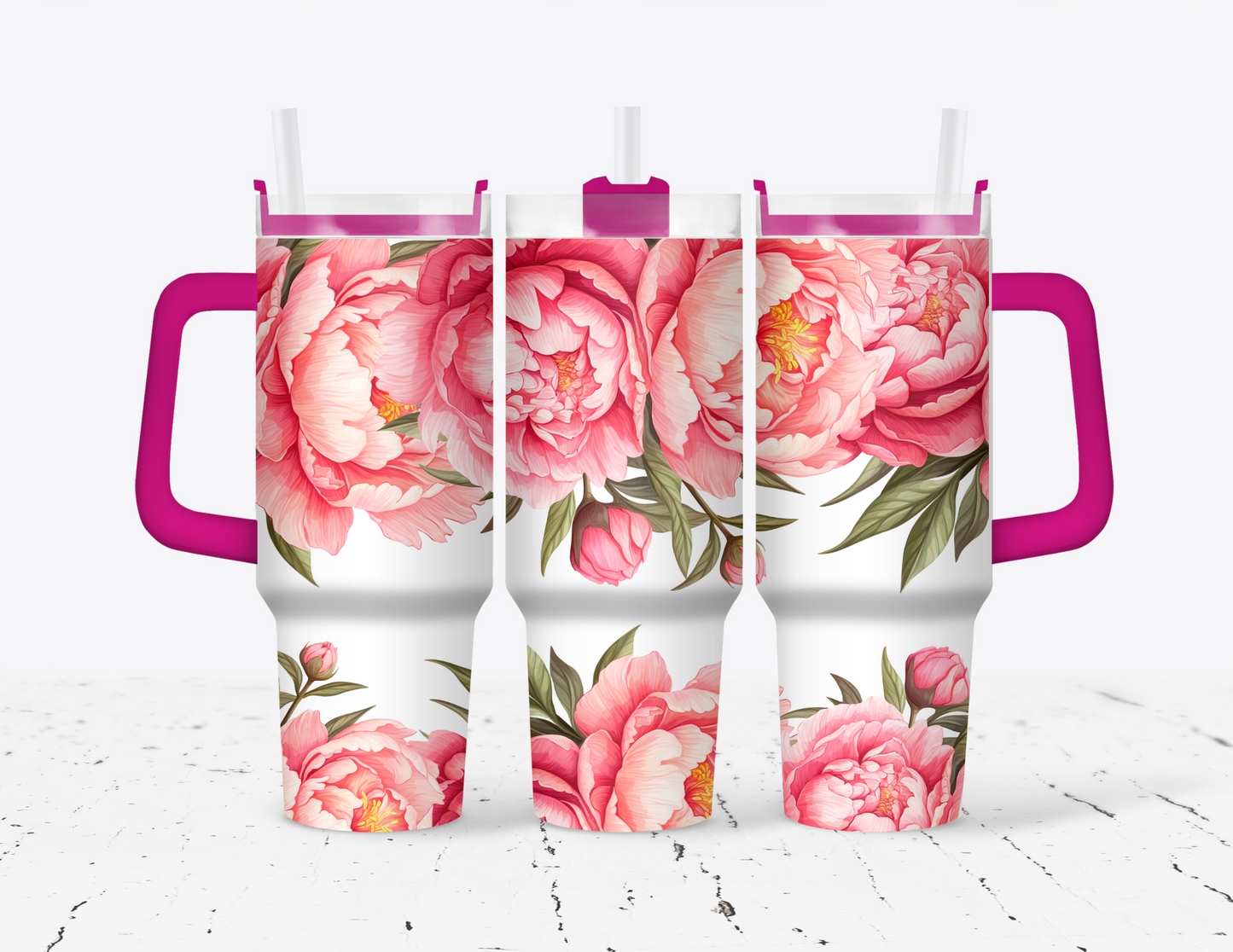 Pink Peonies 40oz Tumbler with Handle