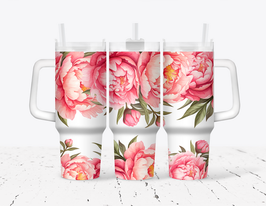 Pink Peonies 40oz Tumbler with Handle