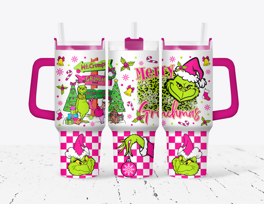 Pink Checkered Merry Grinchmas 40 oz Tumbler with handle