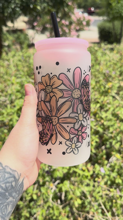 Spring Florals Butterfly Frosted Glass Cup