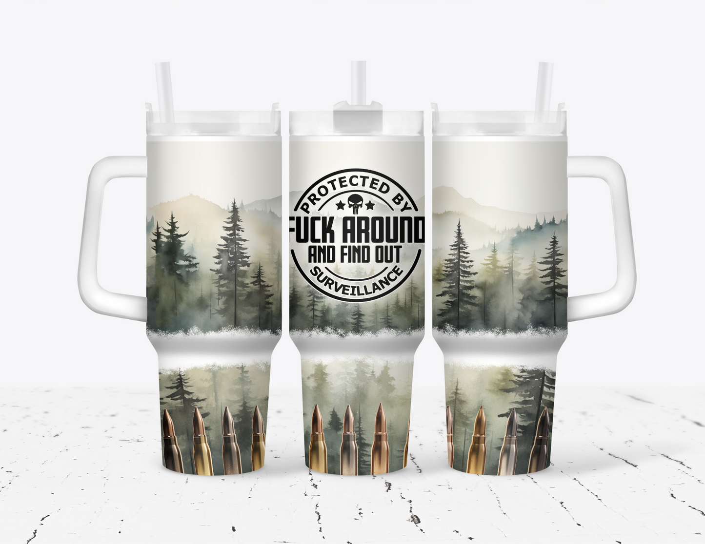 Protected By F*** around and Find out survelliance 40 oz Tumbler with handle