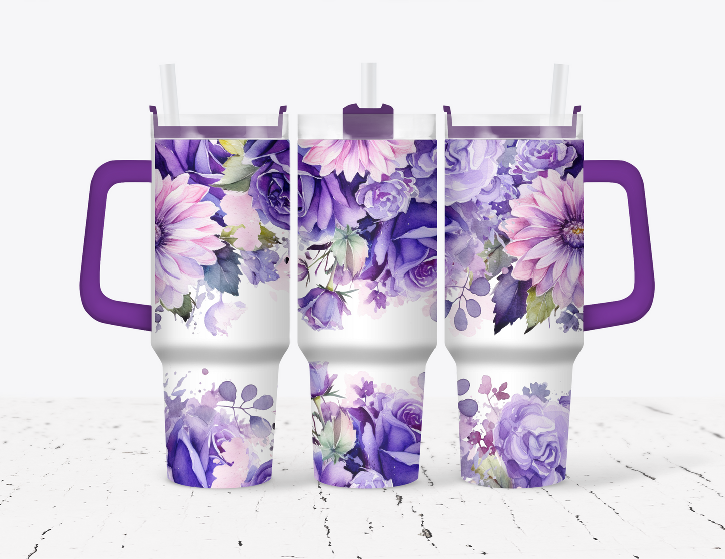 Purple Floral 40oz Tumbler with handle