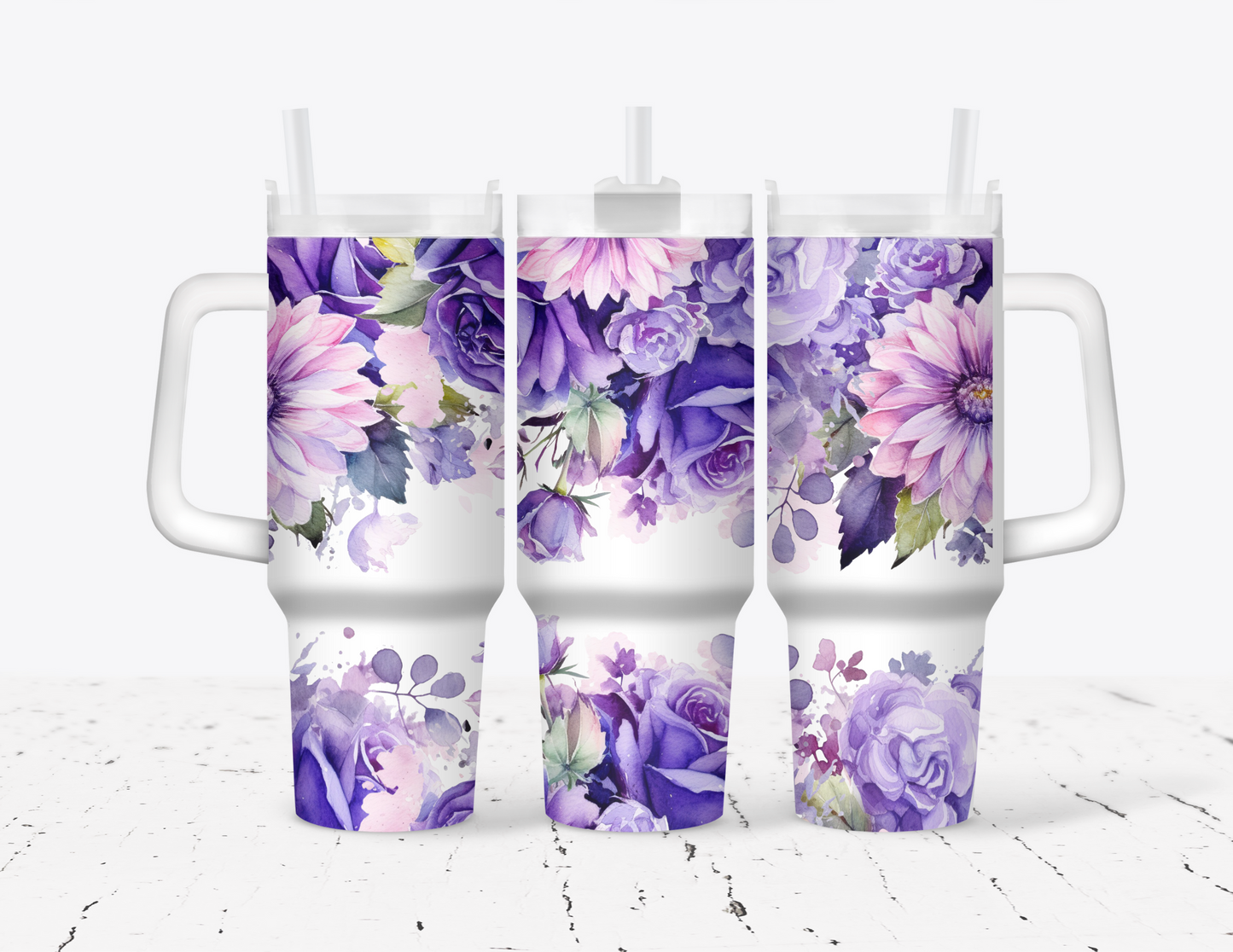 Purple Floral 40oz Tumbler with handle