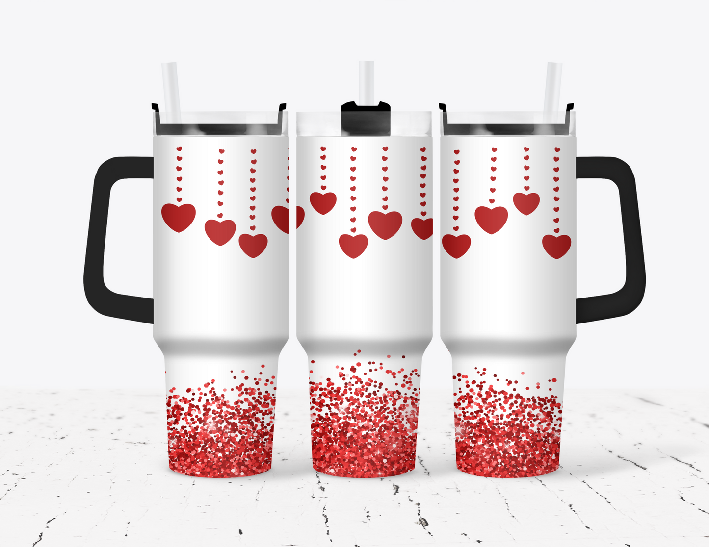 Glitter Red Hearts Valentine's Day 40 oz Tumbler with handle