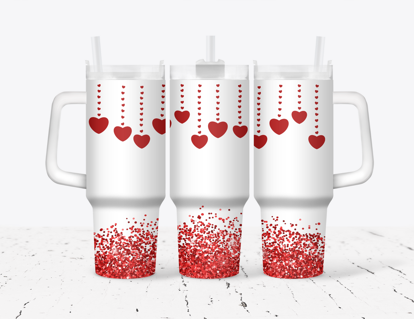 Glitter Red Hearts Valentine's Day 40 oz Tumbler with handle