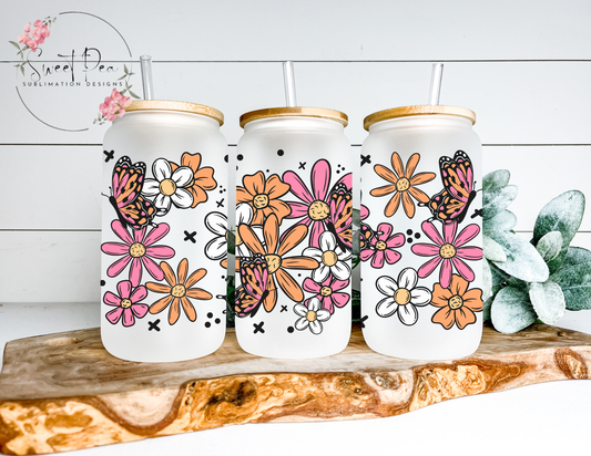 Spring Florals Butterfly Frosted Glass Cup
