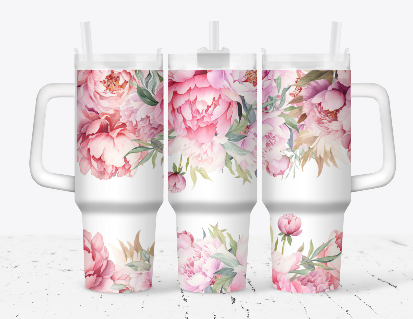 Pink Floral 40oz Tumbler with Handle